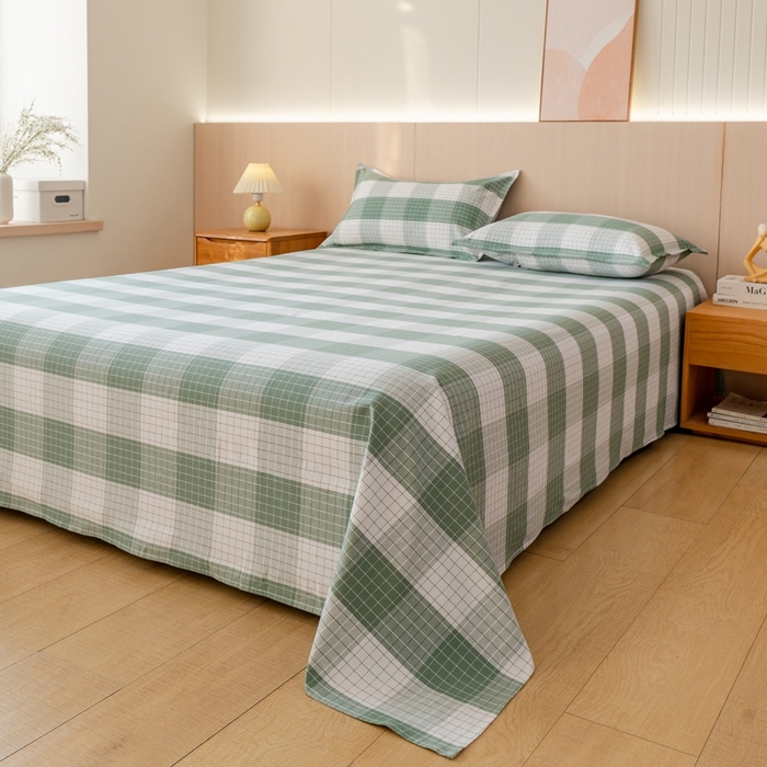 91家纺网 家纺一手货源 找家纺 居美良品2025新款100%全棉色织老粗布床单 素雅-绿格