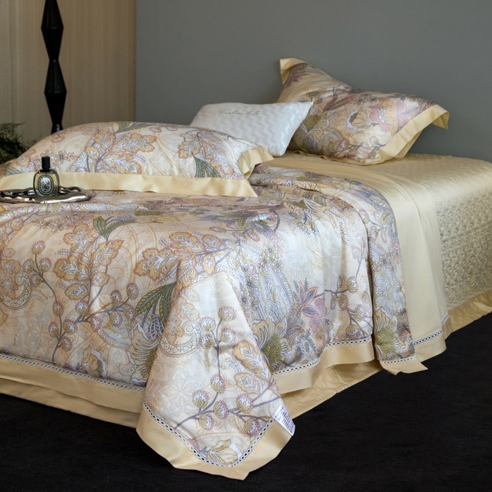 91家纺网 家纺一手货源 找家纺 淼铭 2025新品莱赛尔夏被床盖四件套-花影系列（电商控价538） 黄色