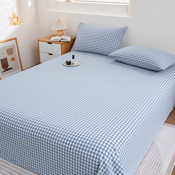 91家纺网 家纺一手货源 找家纺 居美良品2025新款100%全棉A类水洗棉床单 蓝小格