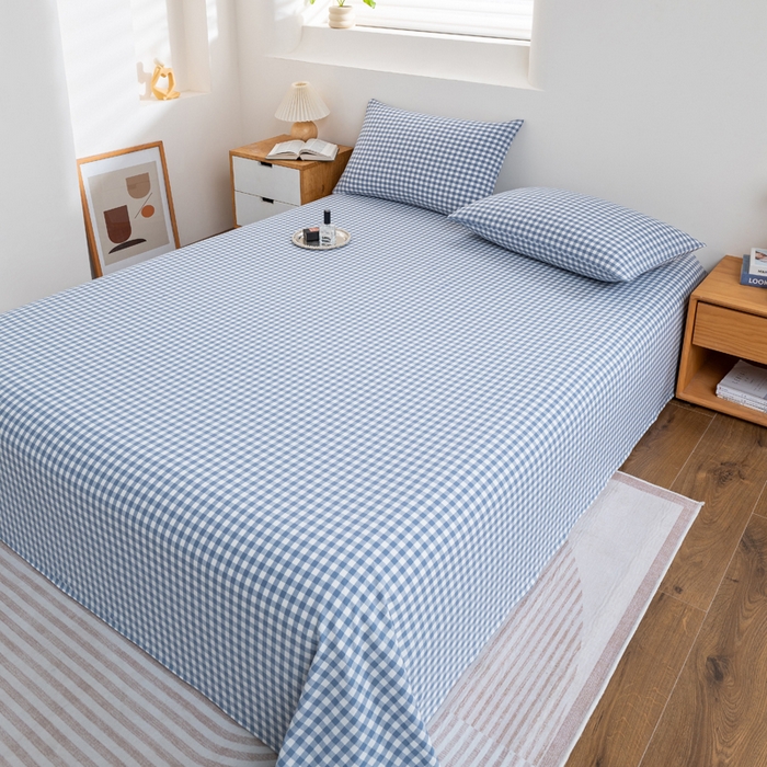 91家纺网 家纺一手货源 找家纺 居美良品2025新款100%全棉A类水洗棉床单 蓝小格