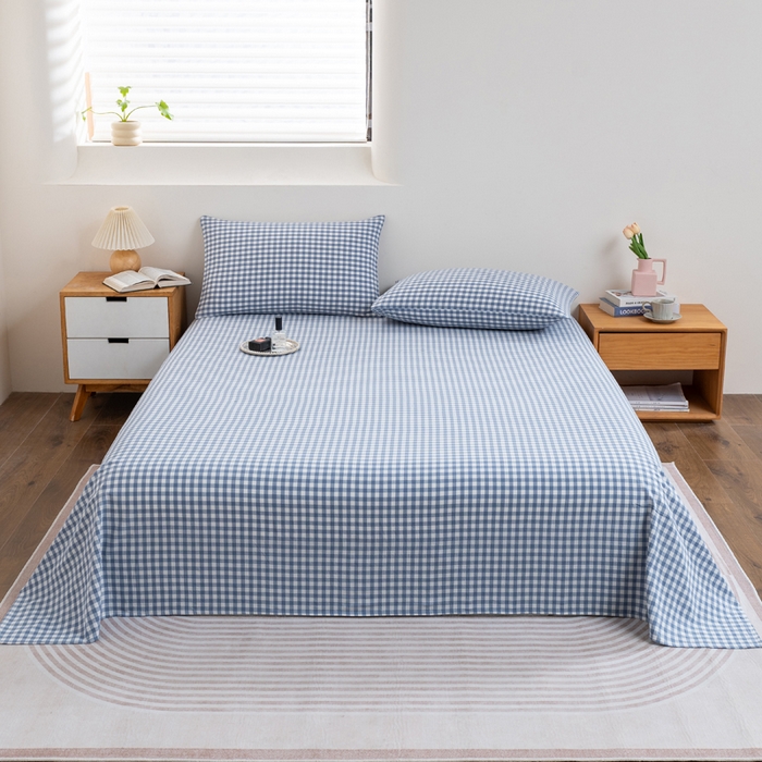 91家纺网 家纺一手货源 找家纺 居美良品2025新款100%全棉A类水洗棉床单 蓝小格