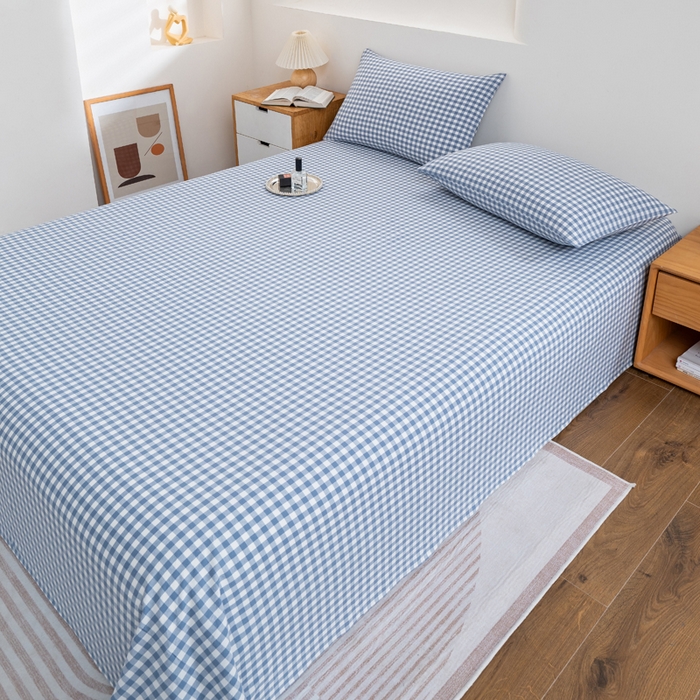 91家纺网 家纺一手货源 找家纺 居美良品2025新款100%全棉A类水洗棉床单 蓝小格