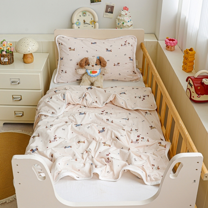 91家纺网 家纺一手货源 找家纺 耀悦家纺  2025新款A类纯棉针织棉夏被里外全棉可拆卸被套 蝴蝶结腊肠狗