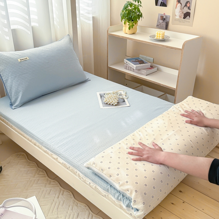 91家纺网 家纺一手货源 找家纺 眠博士 2025新款全棉纯棉华夫格学生床床垫套床垫套单件单床垫套 华夫格床垫套 雾蓝色