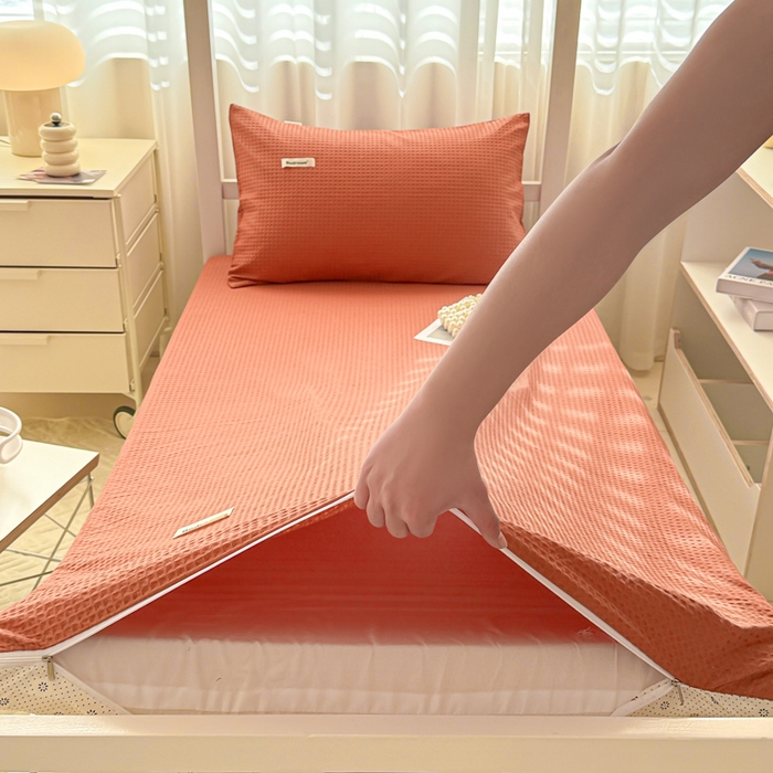 91家纺网 家纺一手货源 找家纺 眠博士 2025新款全棉纯棉华夫格学生床床垫套床垫套单件单床垫套 华夫格床垫套 焦糖