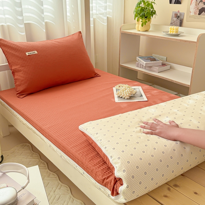 91家纺网 家纺一手货源 找家纺 眠博士 2025新款全棉纯棉华夫格学生床床垫套床垫套单件单床垫套 华夫格床垫套 焦糖