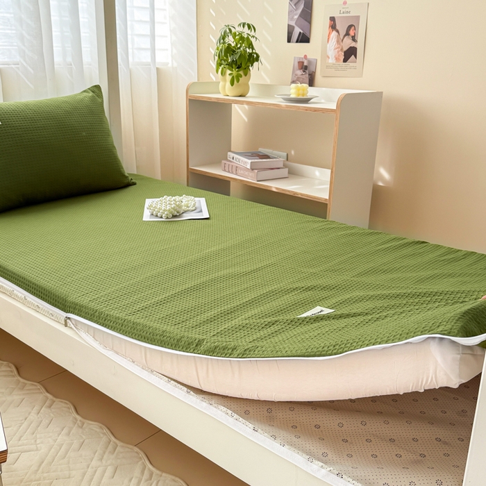 91家纺网 家纺一手货源 找家纺 眠博士 2025新款全棉纯棉华夫格学生床床垫套床垫套单件单床垫套 华夫格床垫套 松石绿