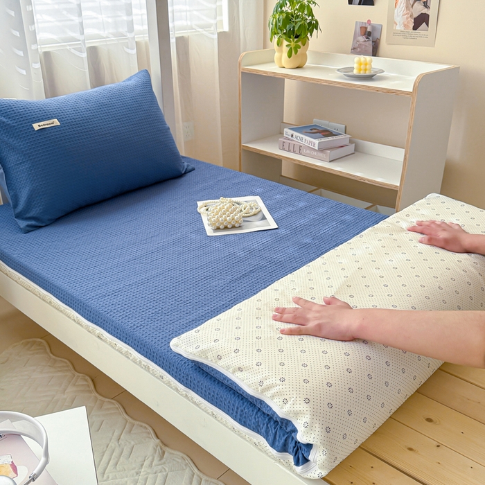 眠博士 2025新款全棉纯棉华夫格学生床床垫套床垫套单件单床垫套 华夫格床垫套 天蓝