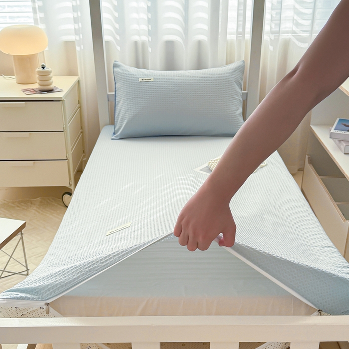 91家纺网 家纺一手货源 找家纺 眠博士 2025新款全棉纯棉华夫格学生床床垫套床垫套单件单床垫套 华夫格床垫套 雾蓝色