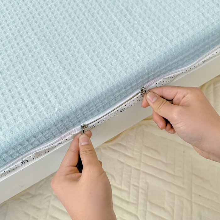 91家纺网 家纺一手货源 找家纺 眠博士 2025新款全棉纯棉华夫格学生床床垫套床垫套单件单床垫套 华夫格床垫套 雾蓝色