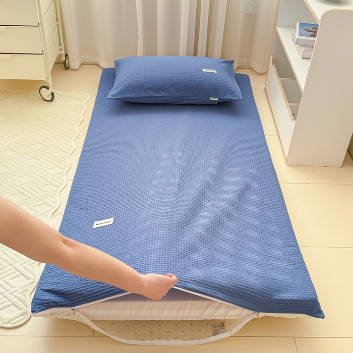 91家纺网 家纺一手货源 找家纺 眠博士 2025新款全棉纯棉华夫格学生床床垫套床垫套单件单床垫套 华夫格床垫套 天蓝