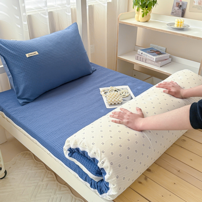 91家纺网 家纺一手货源 找家纺 眠博士 2025新款全棉纯棉华夫格学生床床垫套床垫套单件单床垫套 华夫格床垫套 天蓝