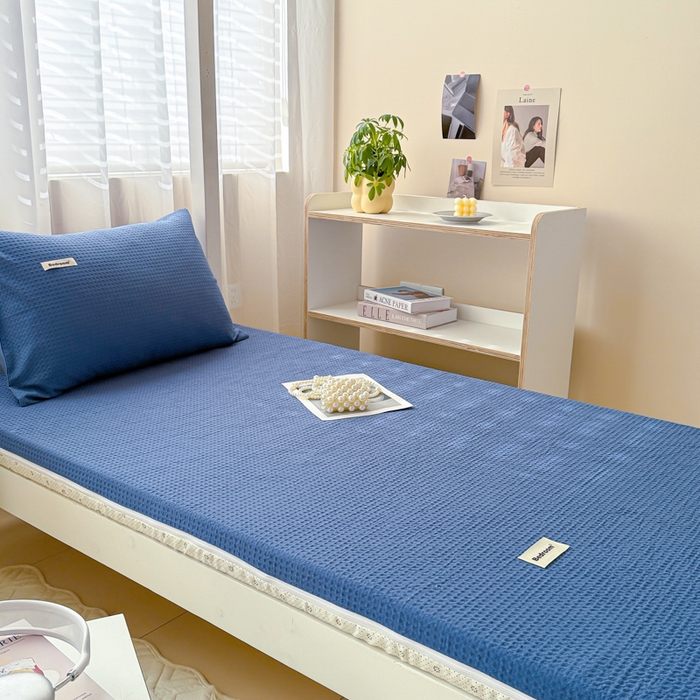 91家纺网 家纺一手货源 找家纺 眠博士 2025新款全棉纯棉华夫格学生床床垫套床垫套单件单床垫套 华夫格床垫套 天蓝