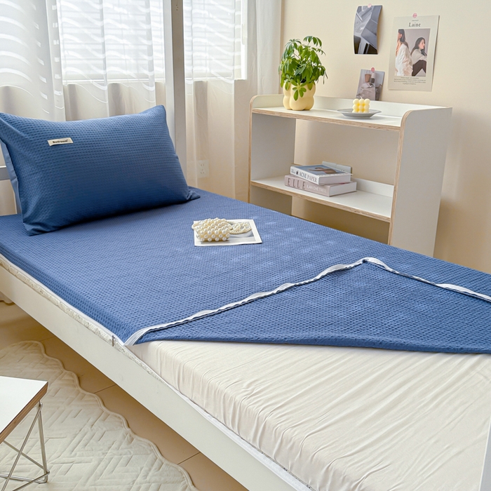 91家纺网 家纺一手货源 找家纺 眠博士 2025新款全棉纯棉华夫格学生床床垫套床垫套单件单床垫套 华夫格床垫套 天蓝