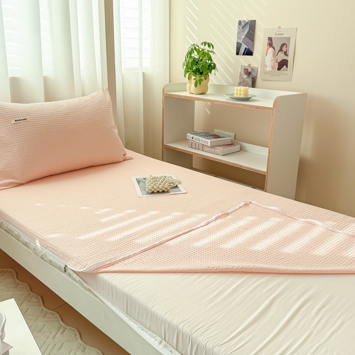 91家纺网 家纺一手货源 找家纺 眠博士 2025新款全棉纯棉华夫格学生床床垫套床垫套单件单床垫套 华夫格床垫套 嫩玉粉