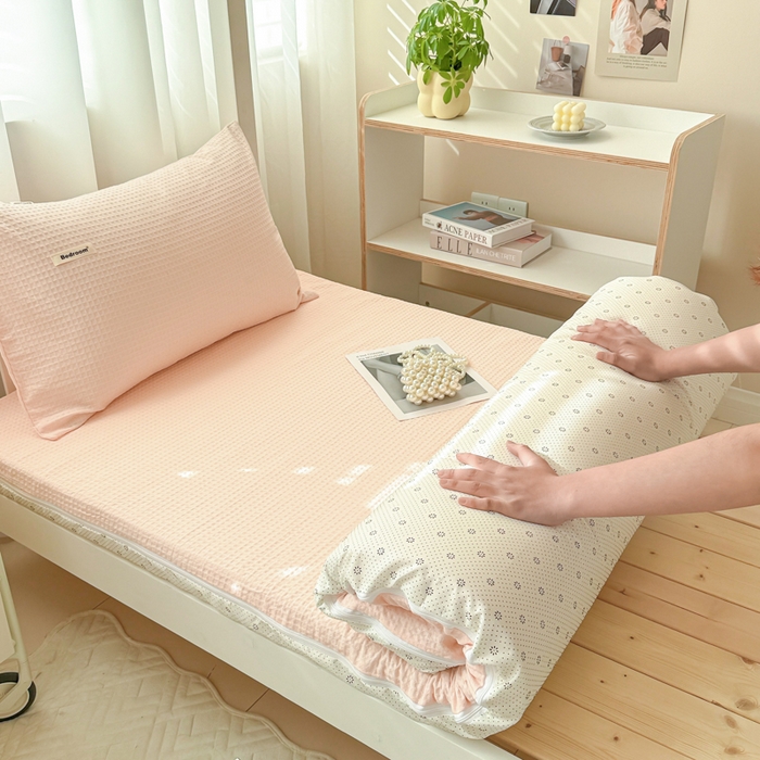 91家纺网 家纺一手货源 找家纺 眠博士 2025新款全棉纯棉华夫格学生床床垫套床垫套单件单床垫套 华夫格床垫套 嫩玉粉