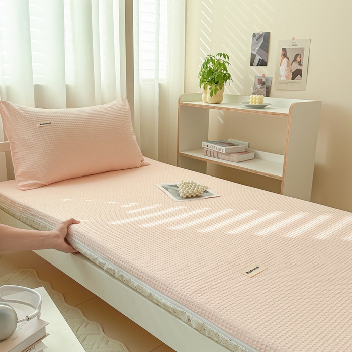 91家纺网 家纺一手货源 找家纺 眠博士 2025新款全棉纯棉华夫格学生床床垫套床垫套单件单床垫套 华夫格床垫套 嫩玉粉