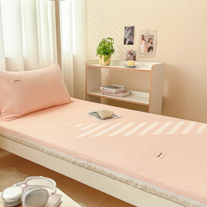 91家纺网 家纺一手货源 找家纺 眠博士 2025新款全棉纯棉华夫格学生床床垫套床垫套单件单床垫套 华夫格床垫套 嫩玉粉