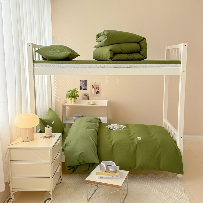 91家纺网 家纺一手货源 找家纺 眠博士 2025新款全棉纯棉华夫格学生床床垫套三件套四件套 华夫格床垫套 套件 松石绿