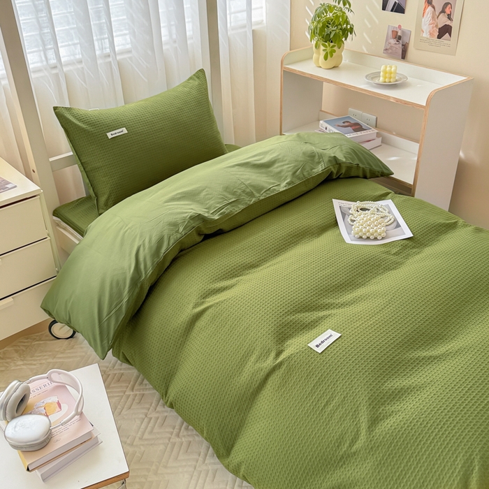 91家纺网 家纺一手货源 找家纺 眠博士 2025新款全棉纯棉华夫格学生床床垫套三件套四件套 华夫格床垫套 套件 松石绿