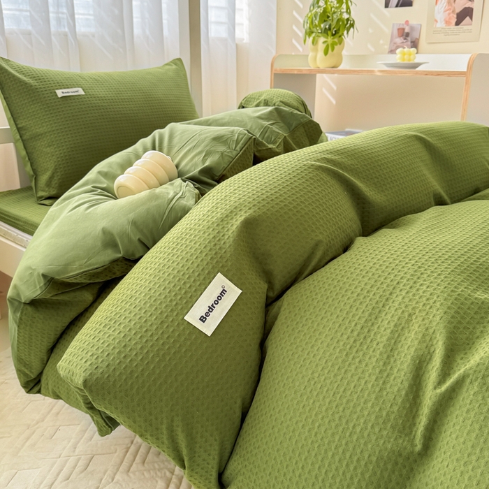 91家纺网 家纺一手货源 找家纺 眠博士 2025新款全棉纯棉华夫格学生床床垫套三件套四件套 华夫格床垫套 套件 松石绿