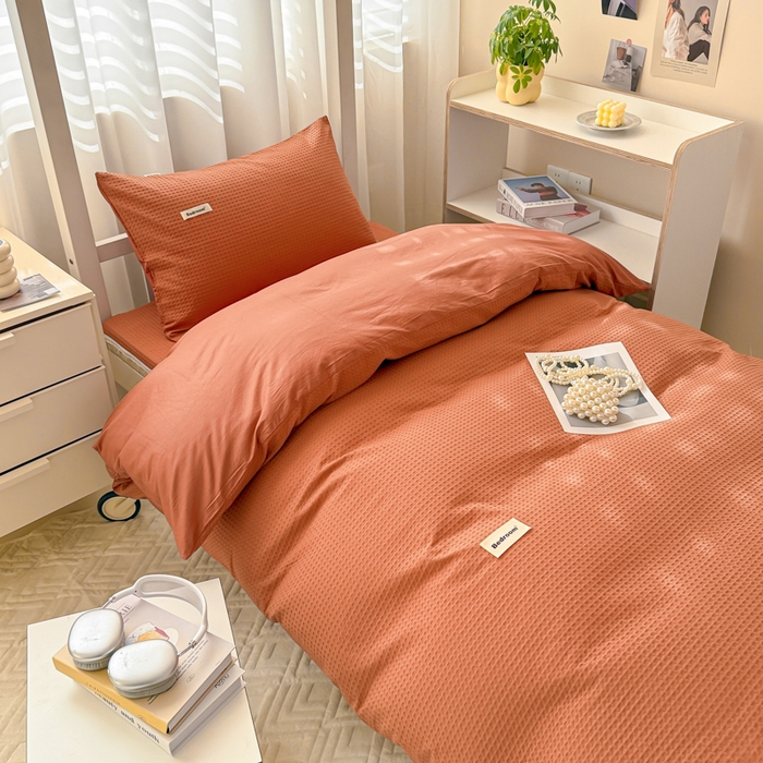 91家纺网 家纺一手货源 找家纺 眠博士 2025新款全棉纯棉华夫格学生床床垫套三件套四件套 华夫格床垫套 套件 焦糖