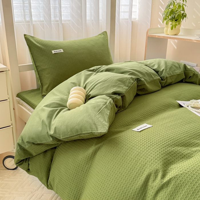 91家纺网 家纺一手货源 找家纺 眠博士 2025新款全棉纯棉华夫格学生床床垫套三件套四件套 华夫格床垫套 套件 松石绿