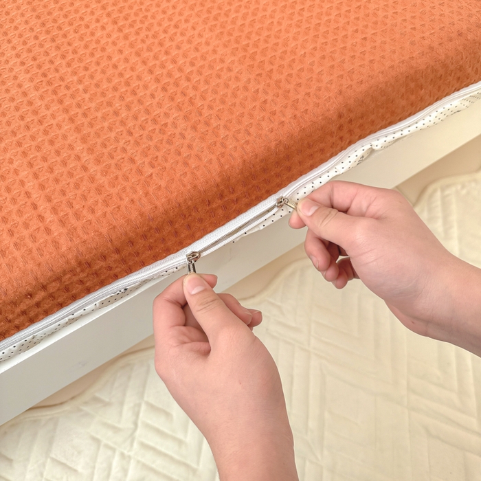 91家纺网 家纺一手货源 找家纺 眠博士 2025新款全棉纯棉华夫格学生床床垫套三件套四件套 华夫格床垫套 套件 焦糖