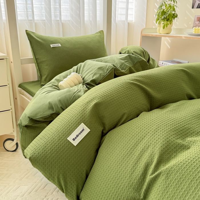 91家纺网 家纺一手货源 找家纺 眠博士 2025新款全棉纯棉华夫格学生床床垫套三件套四件套 华夫格床垫套 套件 松石绿