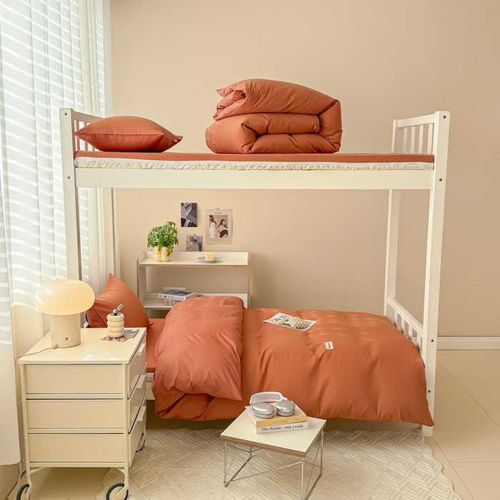 91家纺网 家纺一手货源 找家纺 眠博士 2025新款全棉纯棉华夫格学生床床垫套三件套四件套 华夫格床垫套 套件 焦糖