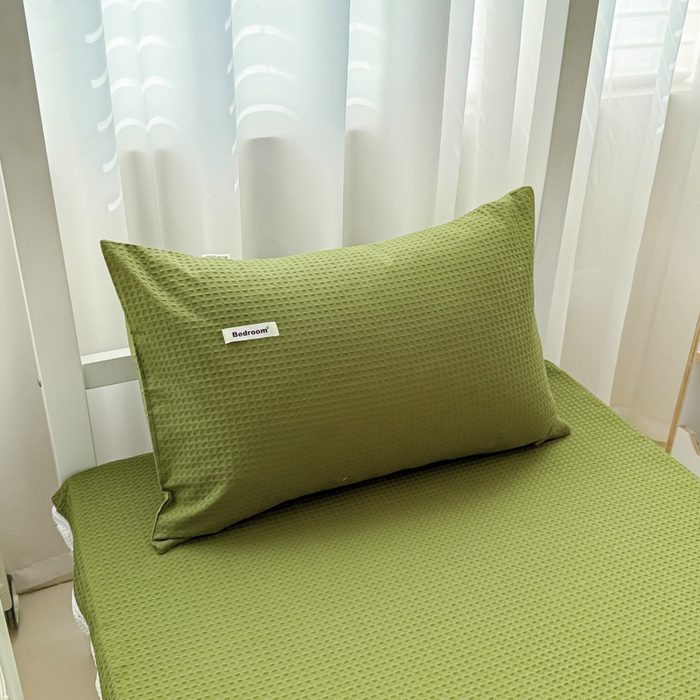 91家纺网 家纺一手货源 找家纺 眠博士 2025新款全棉纯棉华夫格学生床床垫套三件套四件套 华夫格床垫套 套件 松石绿