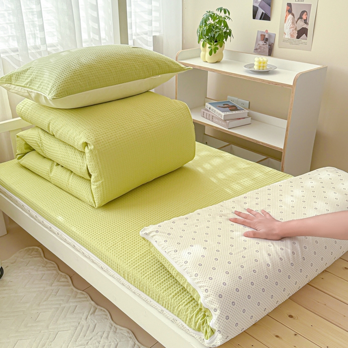 91家纺网 家纺一手货源 找家纺 眠博士 2025新款全棉纯棉华夫格学生床床垫套三件套四件套 华夫格床垫套 套件 果绿