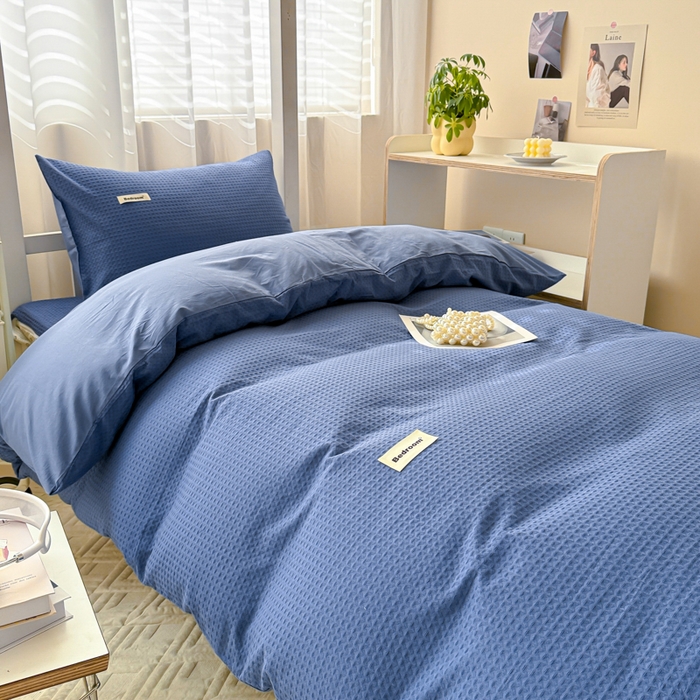 91家纺网 家纺一手货源 找家纺 眠博士 2025新款全棉纯棉华夫格学生床床垫套三件套四件套 华夫格床垫套 套件 天蓝