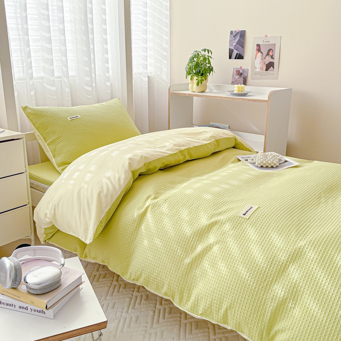 91家纺网 家纺一手货源 找家纺 眠博士 2025新款全棉纯棉华夫格学生床床垫套三件套四件套 华夫格床垫套 套件 果绿