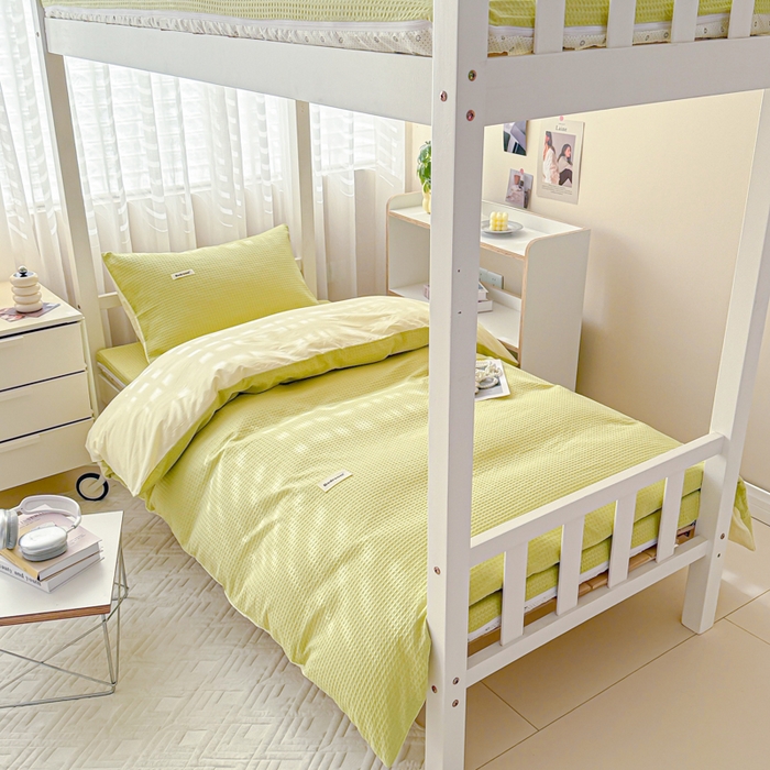 91家纺网 家纺一手货源 找家纺 眠博士 2025新款全棉纯棉华夫格学生床床垫套三件套四件套 华夫格床垫套 套件 果绿