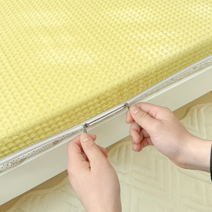 91家纺网 家纺一手货源 找家纺 眠博士 2025新款全棉纯棉华夫格学生床床垫套三件套四件套 华夫格床垫套 套件 果绿