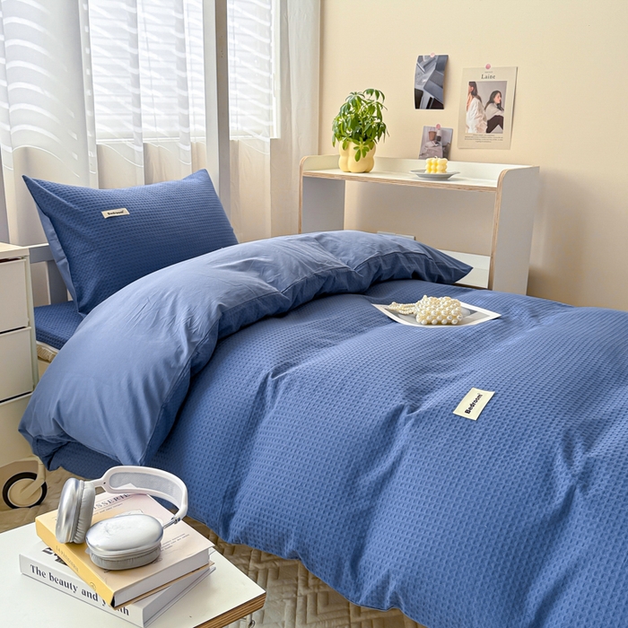 91家纺网 家纺一手货源 找家纺 眠博士 2025新款全棉纯棉华夫格学生床床垫套三件套四件套 华夫格床垫套 套件 天蓝