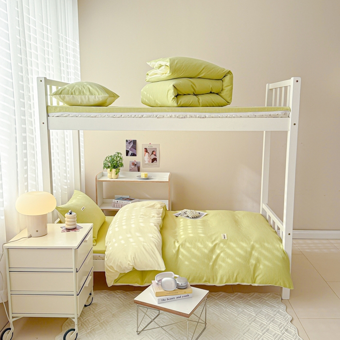 91家纺网 家纺一手货源 找家纺 眠博士 2025新款全棉纯棉华夫格学生床床垫套三件套四件套 华夫格床垫套 套件 果绿