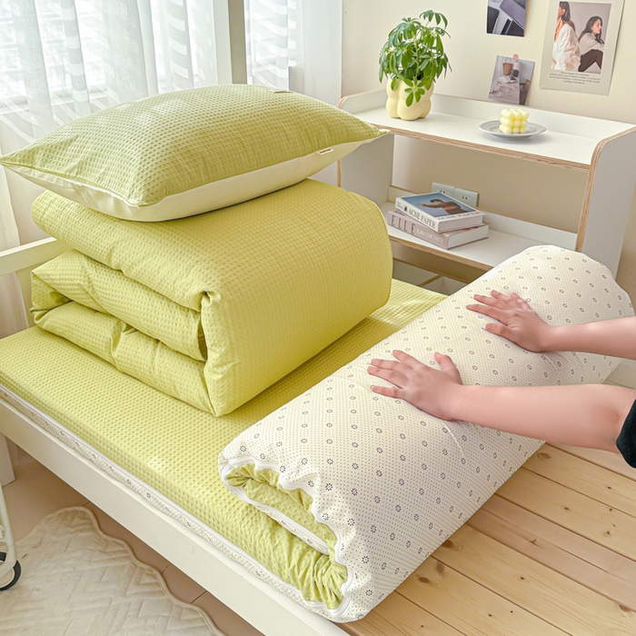 91家纺网 家纺一手货源 找家纺 眠博士 2025新款全棉纯棉华夫格学生床床垫套三件套四件套 华夫格床垫套 套件 果绿