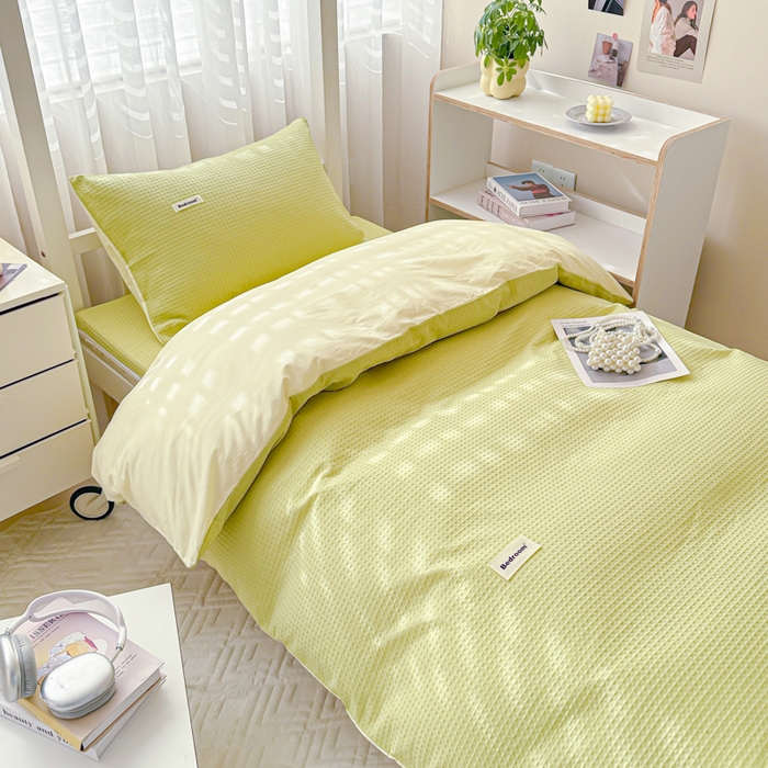 91家纺网 家纺一手货源 找家纺 眠博士 2025新款全棉纯棉华夫格学生床床垫套三件套四件套 华夫格床垫套 套件 果绿