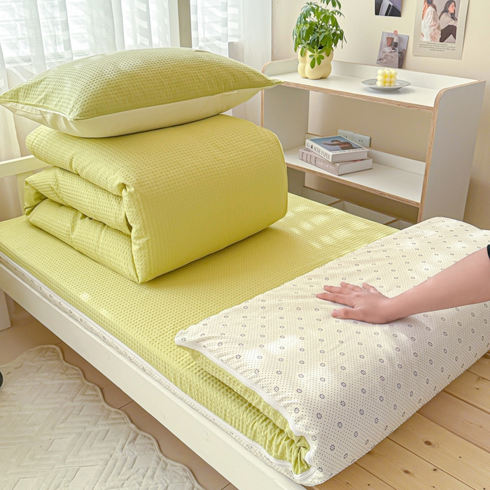 91家纺网 家纺一手货源 找家纺 眠博士 2025新款全棉纯棉华夫格学生床床垫套三件套四件套 华夫格床垫套 套件 果绿