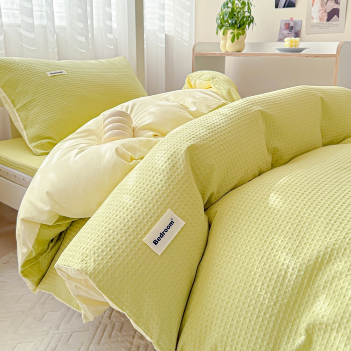 91家纺网 家纺一手货源 找家纺 眠博士 2025新款全棉纯棉华夫格学生床床垫套三件套四件套 华夫格床垫套 套件 果绿