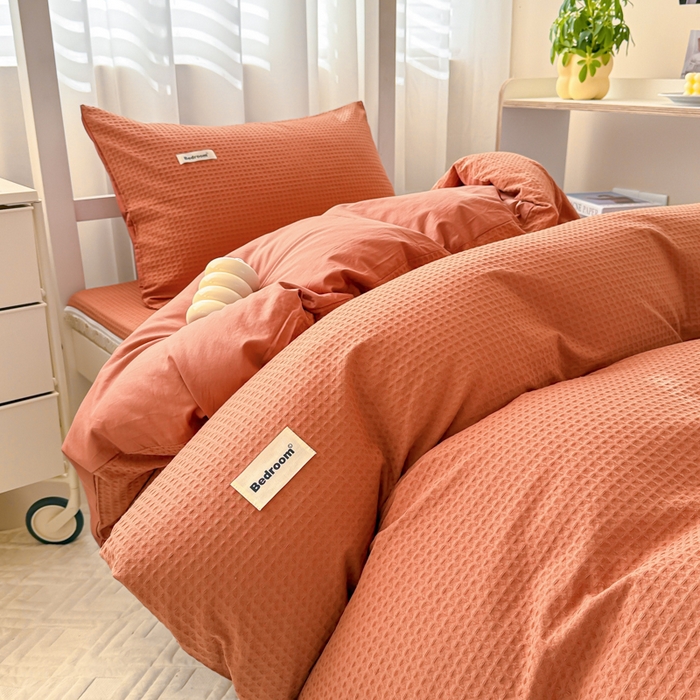 91家纺网 家纺一手货源 找家纺 眠博士 2025新款全棉纯棉华夫格学生床床垫套三件套四件套 华夫格床垫套 套件 焦糖