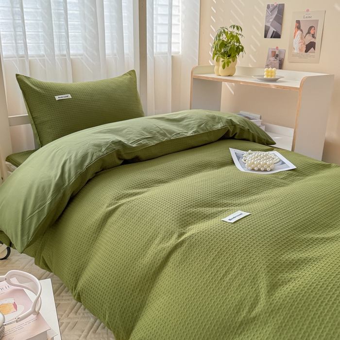 91家纺网 家纺一手货源 找家纺 眠博士 2025新款全棉纯棉华夫格学生床床垫套三件套四件套 华夫格床垫套 套件 松石绿