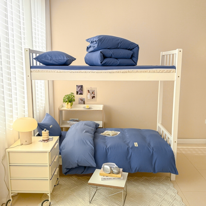 91家纺网 家纺一手货源 找家纺 眠博士 2025新款全棉纯棉华夫格学生床床垫套三件套四件套 华夫格床垫套 套件 天蓝