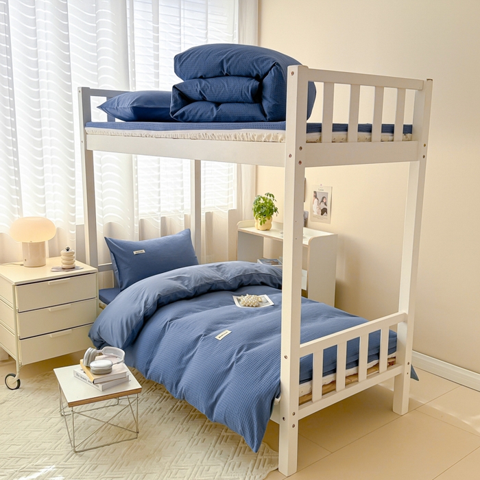 91家纺网 家纺一手货源 找家纺 眠博士 2025新款全棉纯棉华夫格学生床床垫套三件套四件套 华夫格床垫套 套件 天蓝