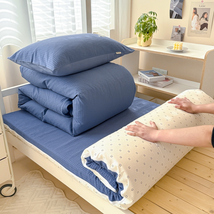 91家纺网 家纺一手货源 找家纺 眠博士 2025新款全棉纯棉华夫格学生床床垫套三件套四件套 华夫格床垫套 套件 天蓝