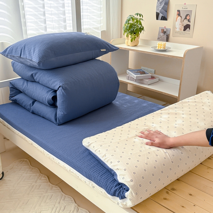 91家纺网 家纺一手货源 找家纺 眠博士 2025新款全棉纯棉华夫格学生床床垫套三件套四件套 华夫格床垫套 套件 天蓝