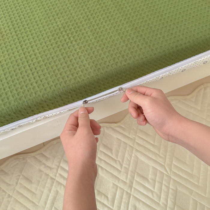 91家纺网 家纺一手货源 找家纺 眠博士 2025新款全棉纯棉华夫格学生床床垫套三件套四件套 华夫格床垫套 套件 松石绿