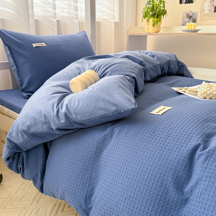 91家纺网 家纺一手货源 找家纺 眠博士 2025新款全棉纯棉华夫格学生床床垫套三件套四件套 华夫格床垫套 套件 天蓝
